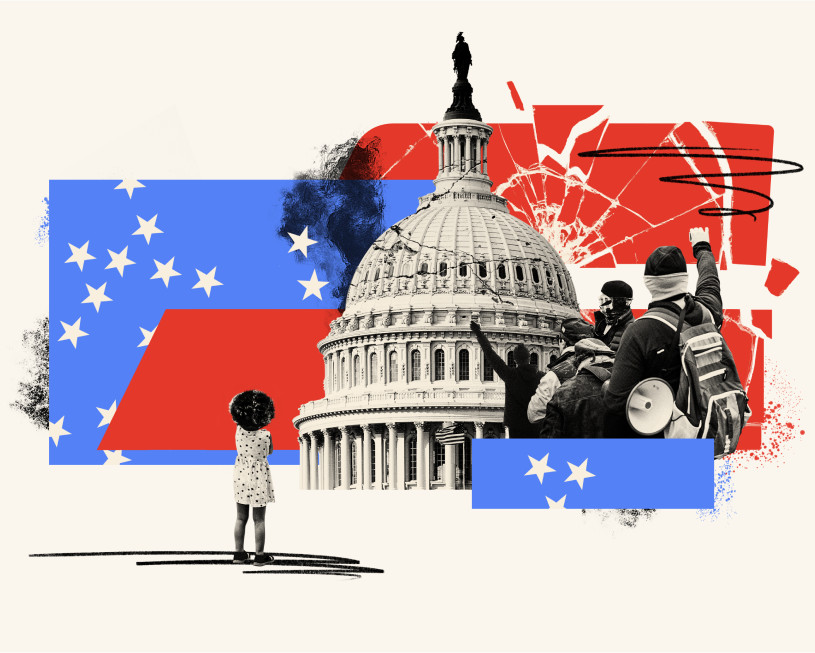 Illustration depicting a collage of the US Capitol building with stars, a protesting crowd, and a child looking upward towards the capitol rotunda.