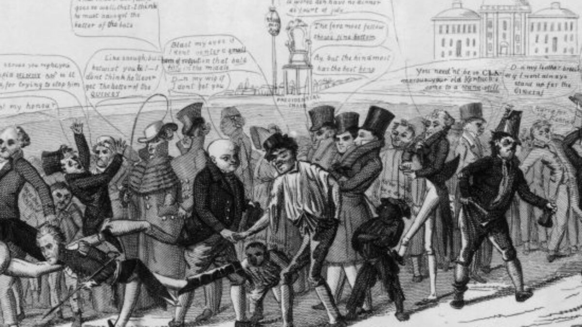 A political cartoon depicting the three-way election of 1824 as a footrace. The resulting contingent election was decried as "the corrupt bargain" 