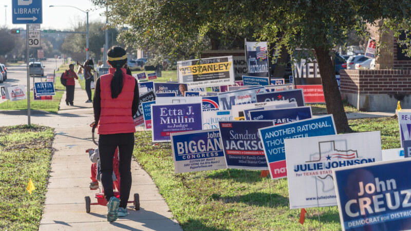 A woman pushing a stroller with political signs to her right.