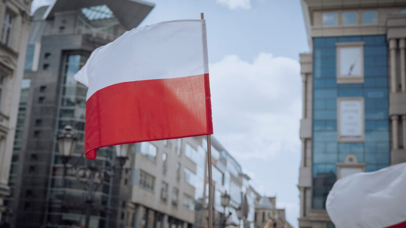 Polish flag waving in the wind.