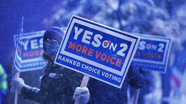 Ranked Choice sign with a blue tint.