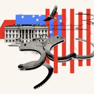 Illustration of handcuffs and the White House.
