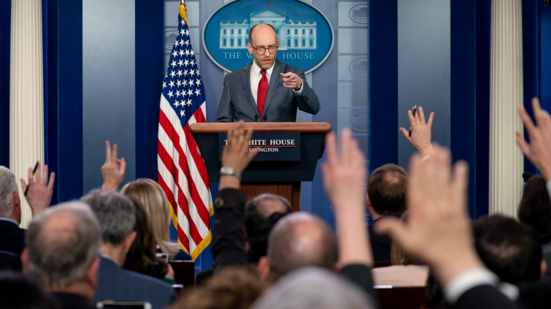 Reporters raise their hands to ask a question of Acting Director of the Office of Management and Budget Russell Vought during a press briefing Monday, March 11, 2019, in the James S. Brady Press Briefing Room of the White House. (Official White House Photo by Tia Dufour)