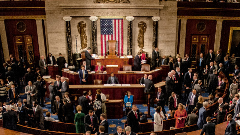 An aerial shot of the inside of the U.S. House Floor.