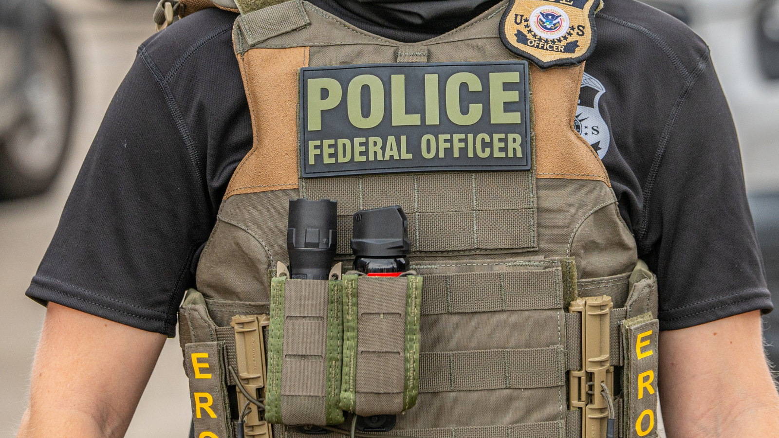 A close-up on the chest of a federal officer wearing a combat vest.