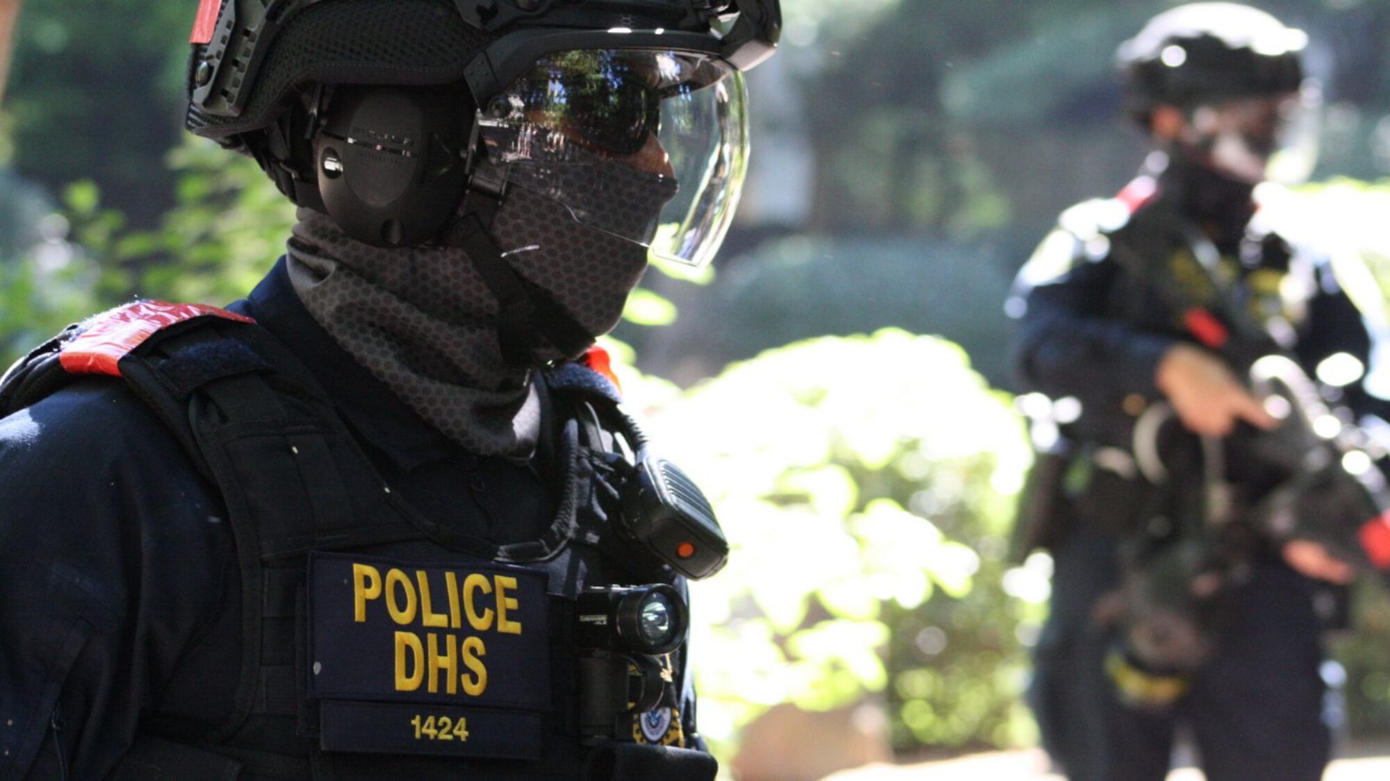 A federal agent in Portland in 2020 with a face mask.
