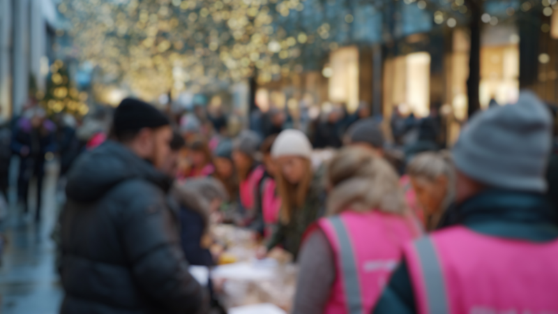 Volunteers lined up on either side of a table.