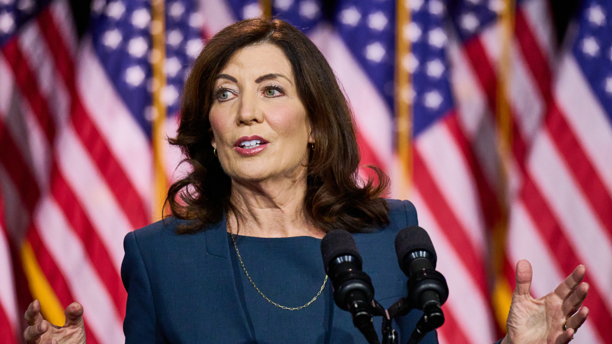 Kathy Hochul speaking at a press conference