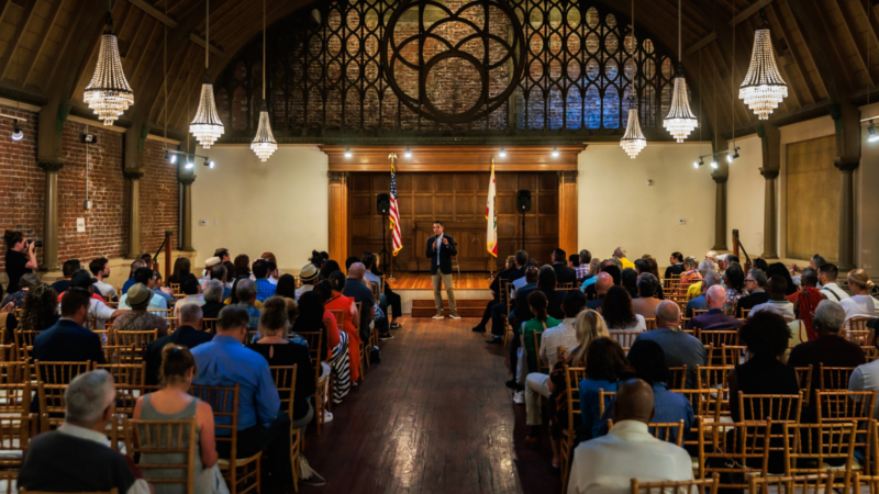 A town hall meeting in California in 2023.