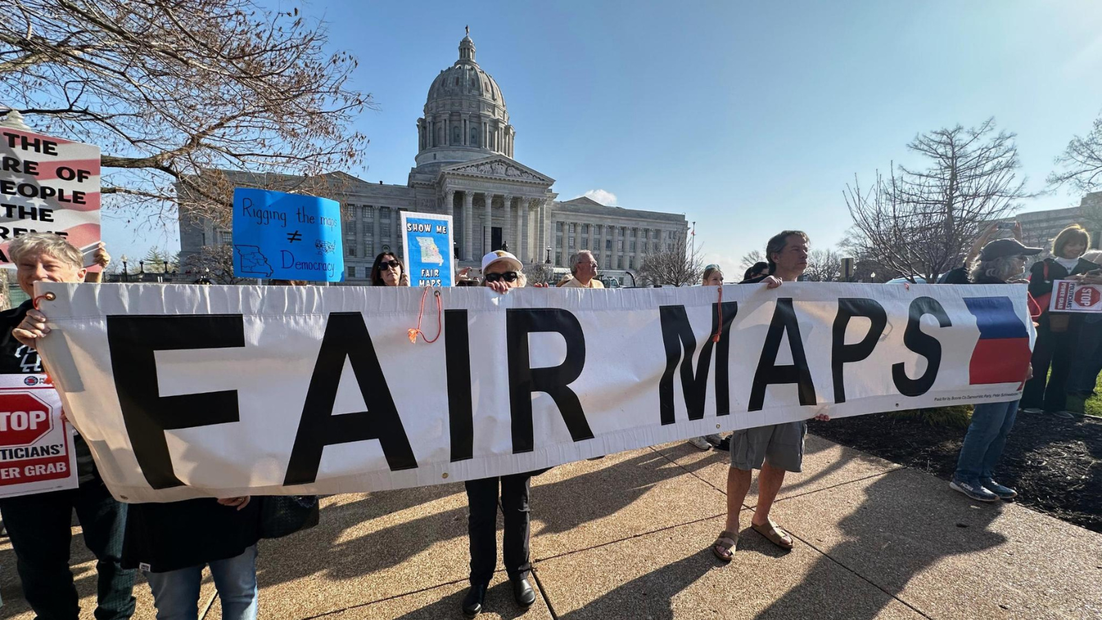 Fair maps sign at a protest in Missouri